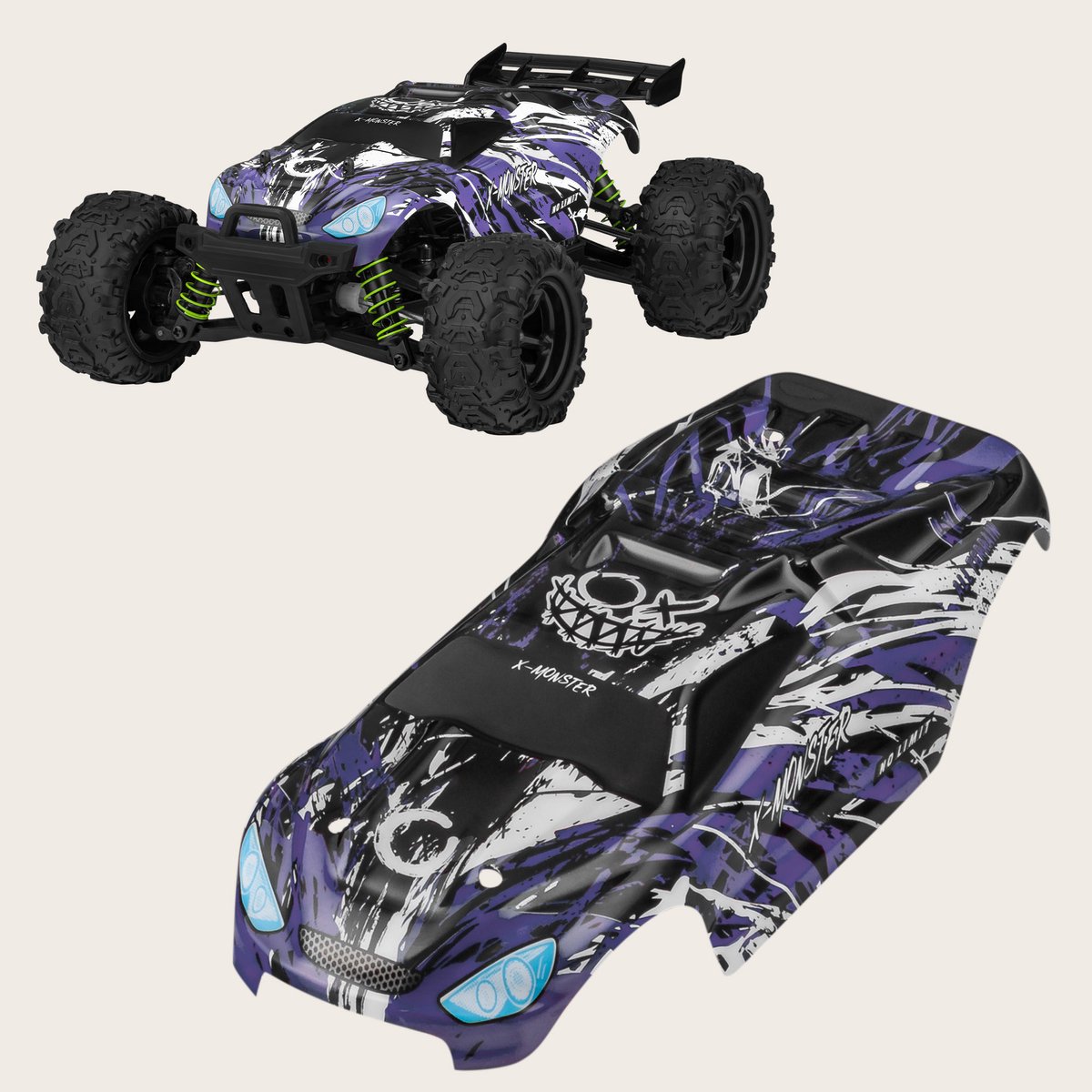 Overmax X-Monster 3.0 - RC Auto + Paars Auto Body - 4x4 wielaandrijving - Schaal 1:18 - 30km/h - Bestuurbare Auto - Volwassenen & Kinderen - Afstandsbestuurbare Auto - Offroad Monstertruck — afbeelding 2