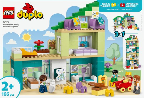 Boîte de LEGO Duplo 10470 Maison familiale moderne 3-en-1 avec des images du jouet et le logo.