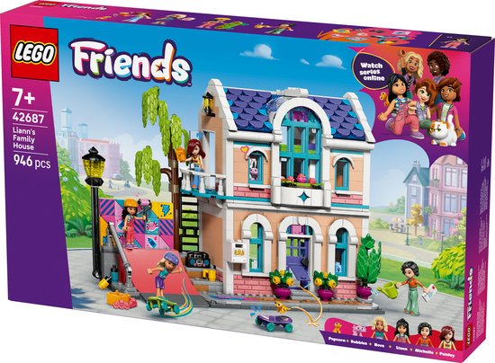 LEGO Friends Liann's Familiehuis doos met roze huis, skateboardbaan en zes poppetjes.