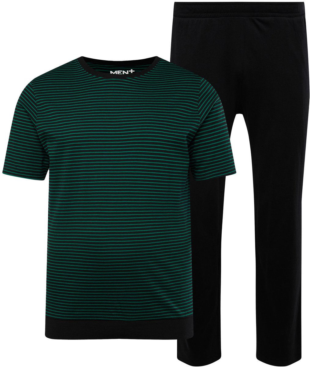 Men Plus - Heren - Pyjama Buik-Fit tweedelig gestreept T-shirt lange broek - Kwarts groen - Maat XXL