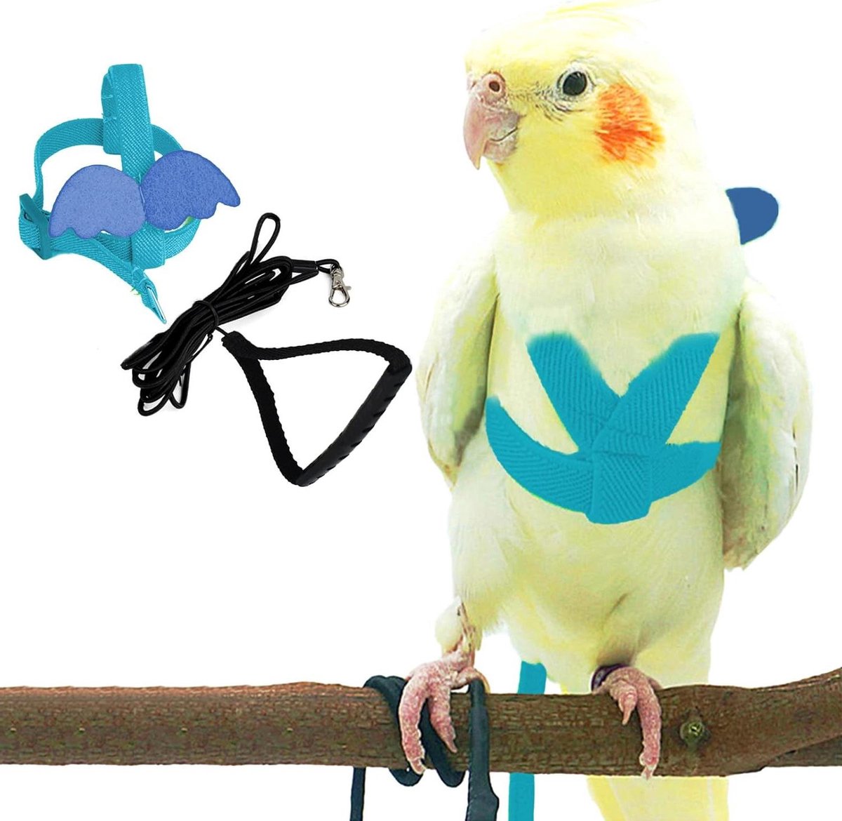 Cosensi - Vogelharnas en riem voor papegaaien, verstelbaar trainingsontwerp, anti-bijten, nylon touw, schattige vleugel, geschikt voor verschillende papegaaiensoorten