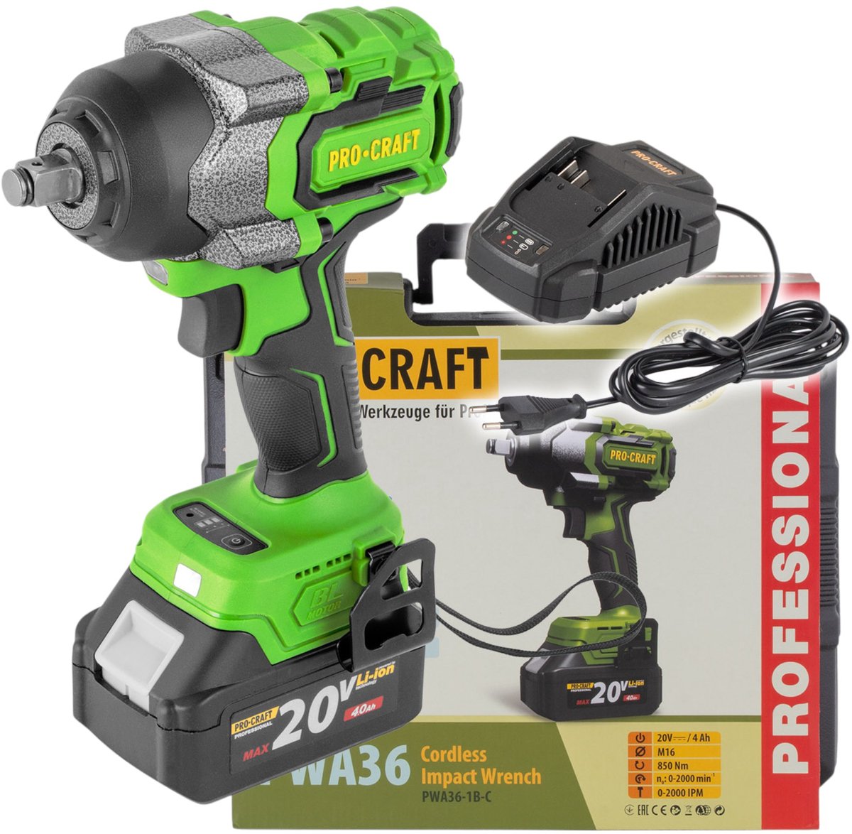 Procraft PWA36-1B-C accu-slagmoersleutel 20 V 850 Nm 1/2" borstelloos + 1x accu 4,0 Ah + oplader + koffer