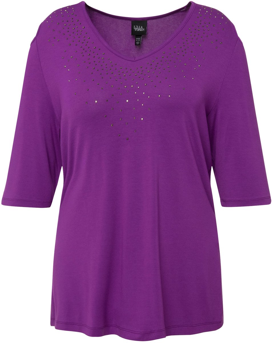 Ulla Popken - Dames - T-shirt siersteentjes A-lijn V-hals korte mouwen - Braambes - Maat 50+