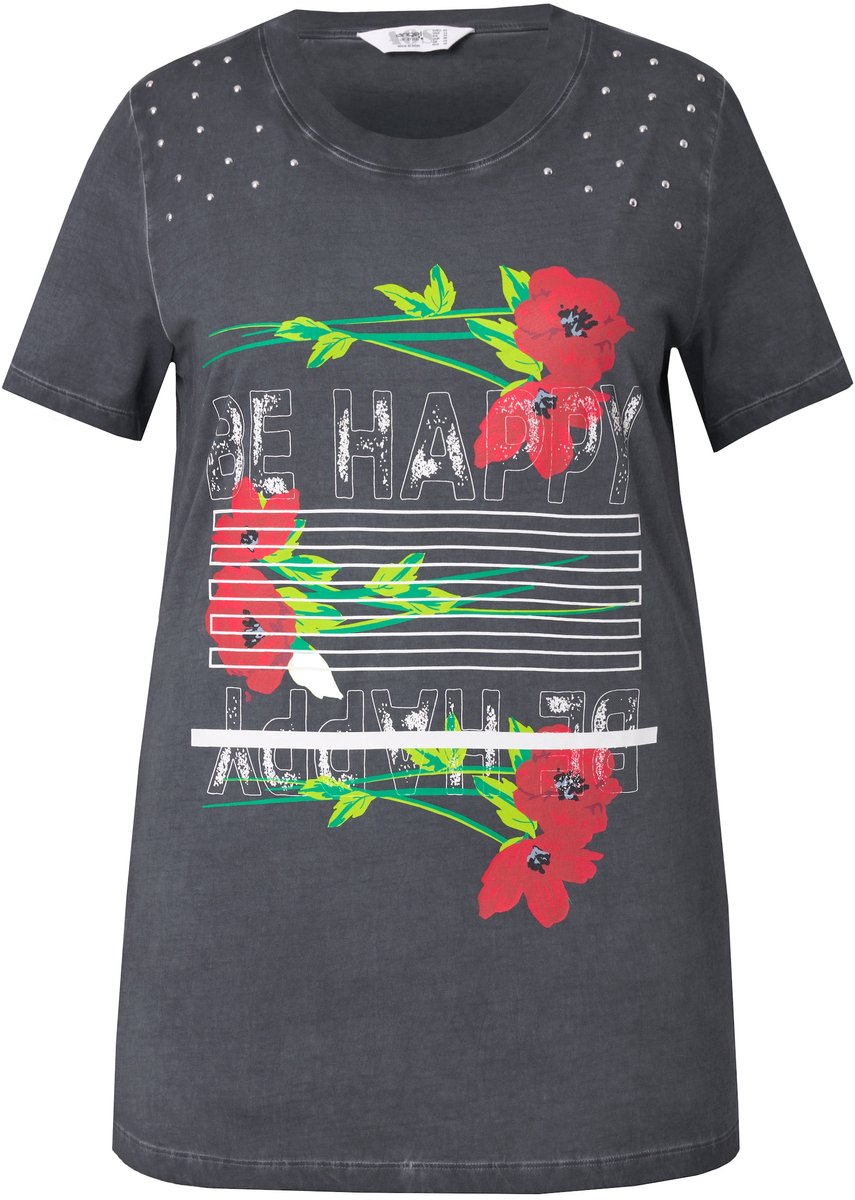 Angel of Style - Dames - T-shirt straight fit bloemen en statement - Antraciet - Maat 46