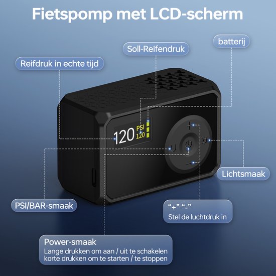 Neuda - Fietspomp Elektrisch mini -- USB C Oplaadbaar - Draagbaar - Smart Digitaal Display - Draagbare Luchtcompressor Bandenpomp - Voor Koersfiets Racefiets Gravelbike Sportfiets Stadsfiets Mountainbike E-bike E-scooter Ballen van Merkloos — afbeelding 4