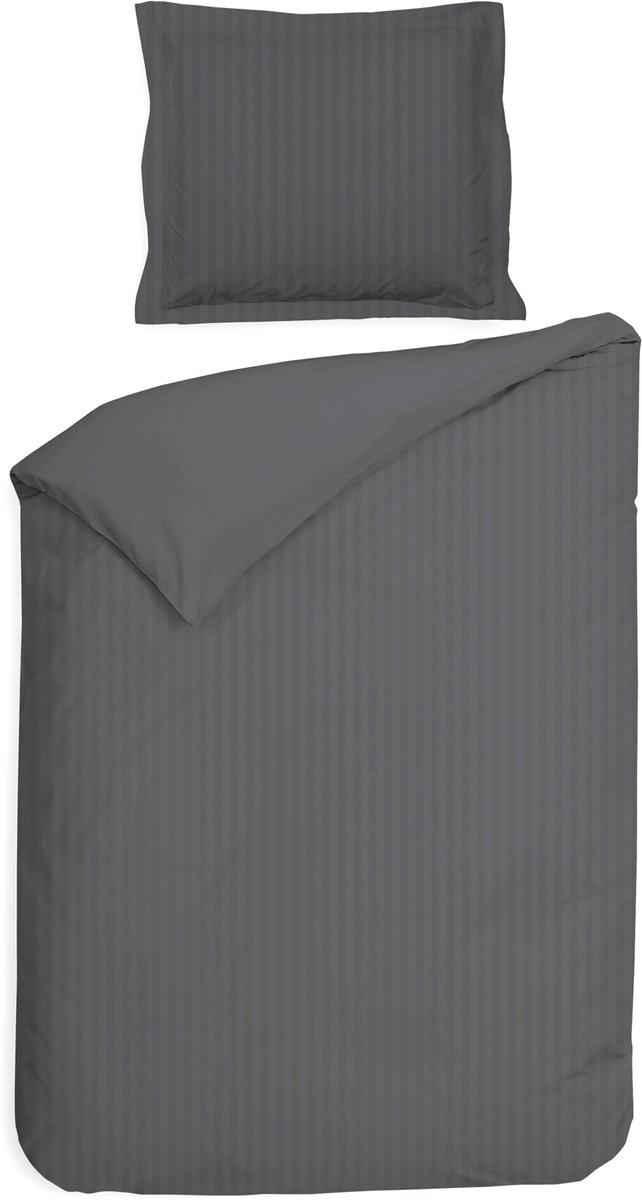 Heckettlane Dekbedovertrek Banda - Bedlinnen met Strepen - 140x200-220 cm - Eenpersoons - Antraciet - Dekbedovertrek van 100% Katoen-Satijn Classic Anthracite