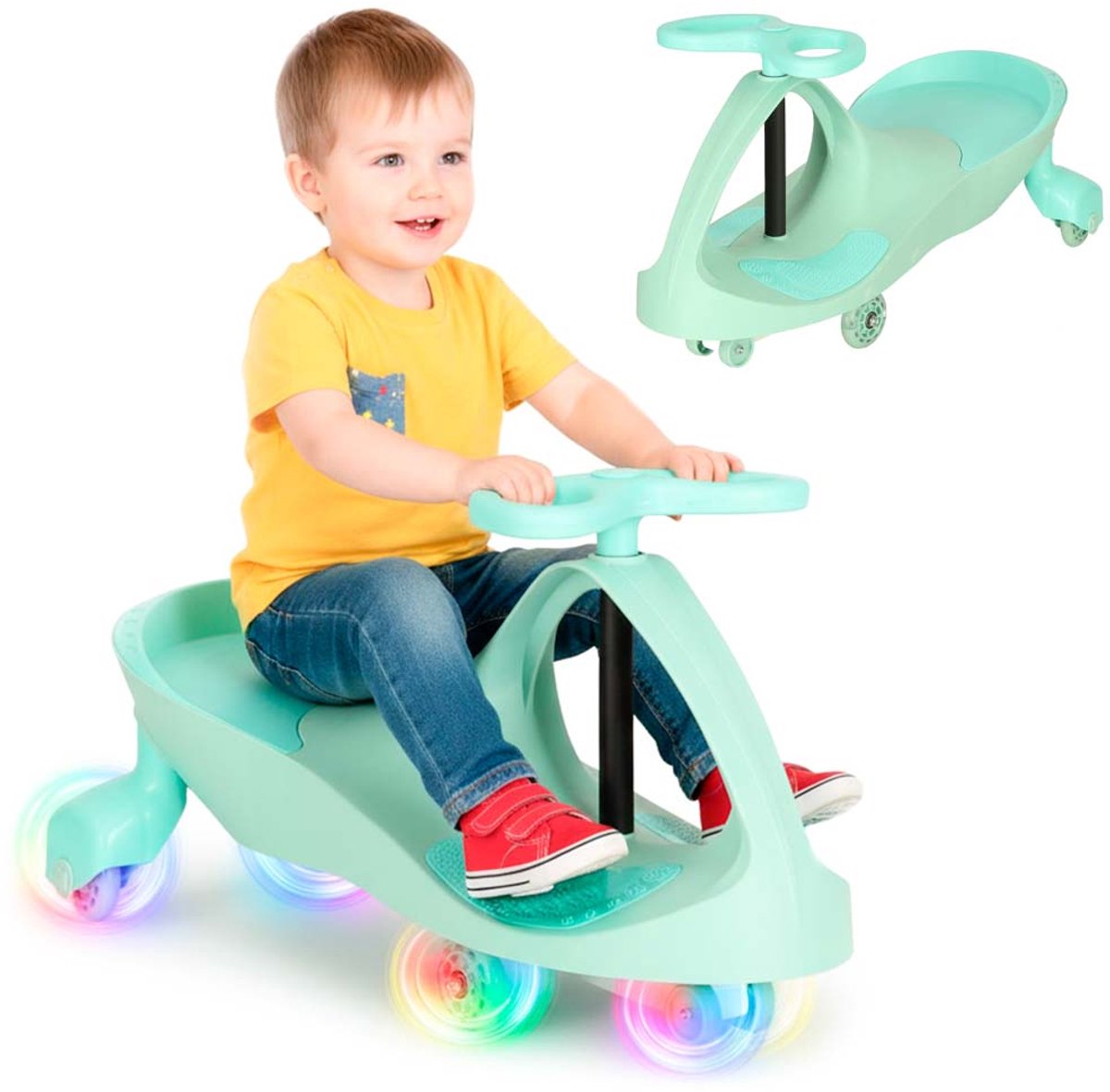 Playos® - Wiggle Car - Mint - met Geluid en Verlichting - tot 80 kg - 80 cm x 30 cm x 40 cm - Bestuurbare Auto - Speelgoedvoertuig - Swing Car - Wiebelauto