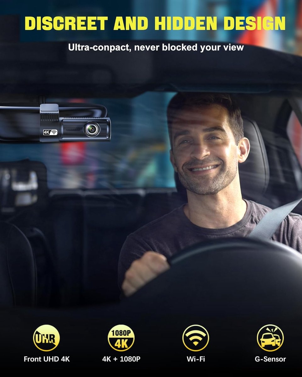 Dashcam voor en achter, 4K met wifi-autocamera loopopname, G-sensor, app-bediening, super nachtzicht, 170 graden + 140 graden groothoek, veiligere supercondensator – foto 2