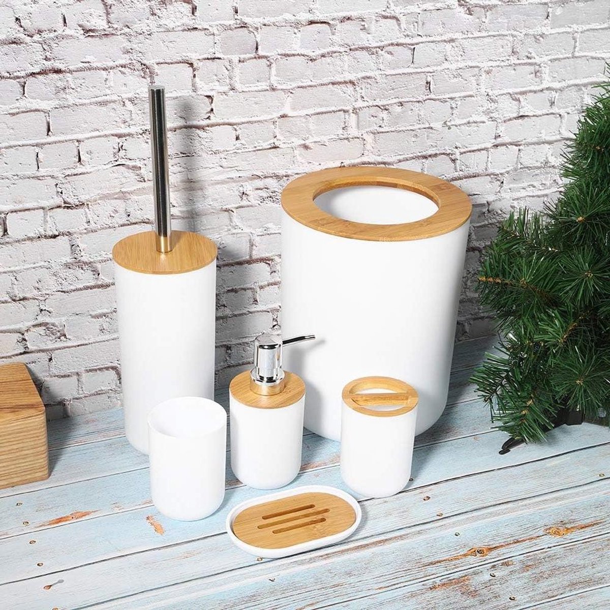 EGoods - 6-delige set badkameraccessoires voor opbergen - badkamer-toiletgereedschapset - vuilnisbak Lotionfles Zeepbakje Tandenborstel Toiletborstel - inclusief houder - Duurzaam PP-plastic bamboe - Wit