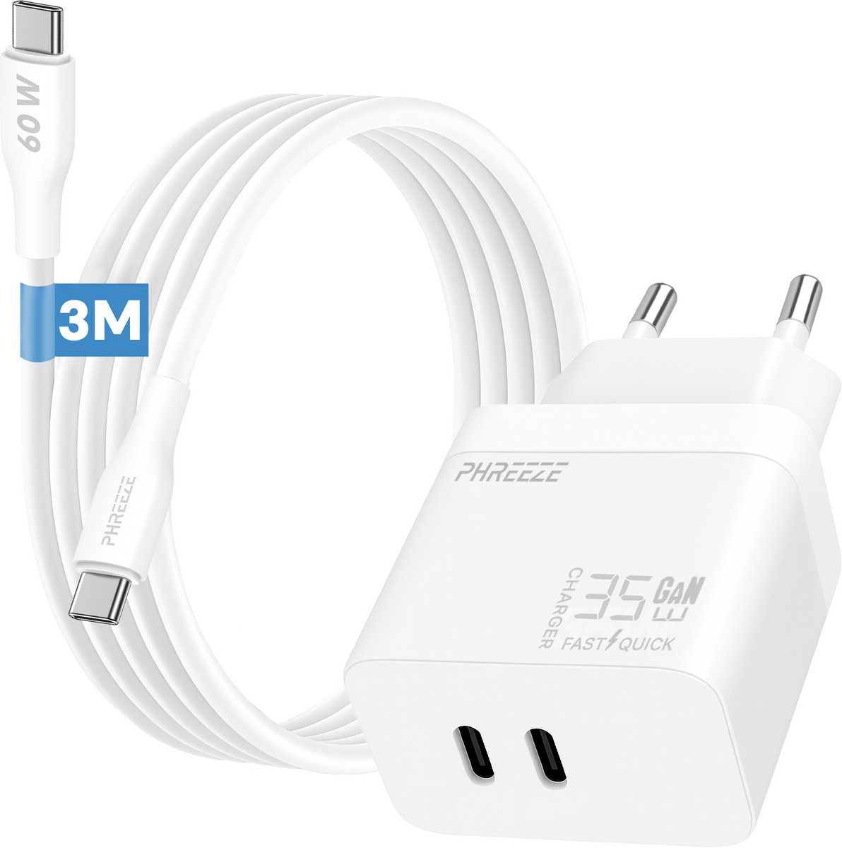 Phreeze usb C snellader 35w met kabel - 3 meter - Power Delivery oplader - GaN charger met 2 poorten