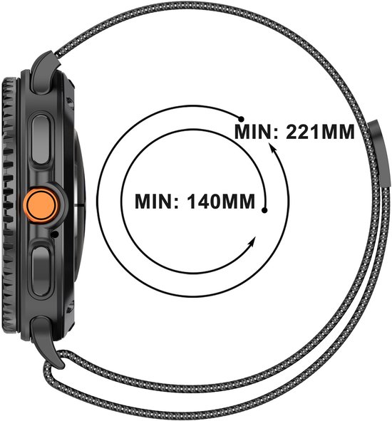 Zijkant van een zwarte smartwatch met Milanese band, met afmetingen: Min 140mm, Min 221mm.