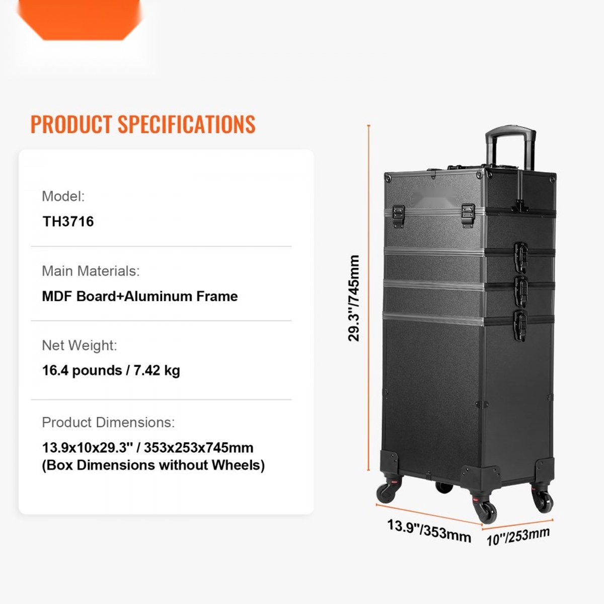 Beautycase - Make-upkoffer - Warmte-isolerende laag - MDF + aluminium frame - Robuust en slijtvast - Organizer - Afmetingen 35,3 x 25,3 x 74,5 cm