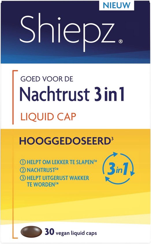 Verpakking Shiepz Nachtrust 3 in 1 Liquid Cap, hooggedoseerd. Met 'Nieuw' logo en 30 vegan liquid caps.