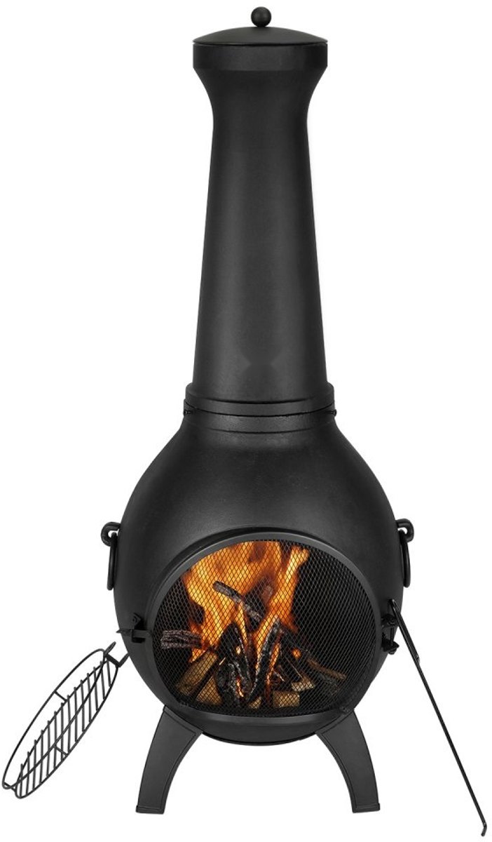 Tuinhaard/terraskachel - Azteekse chimenea - Afmeting 52x50x130 cm - Met grillrooster - Schoorsteen met RVS deksel - Verwarmen en grillen