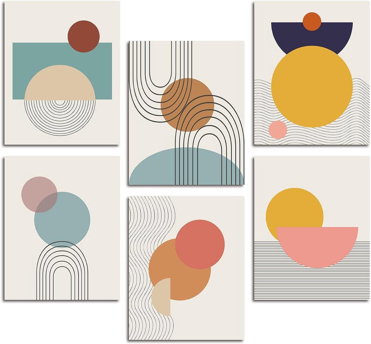 EGoods - Muurdecoratie set van 6 abstracte geometrische prints voor woonkamer en slaapkamer - Moderne kunst posters voor keuken en kantoor - Niet ingelijst - Afmetingen 25,4 cm x 20,3 cm