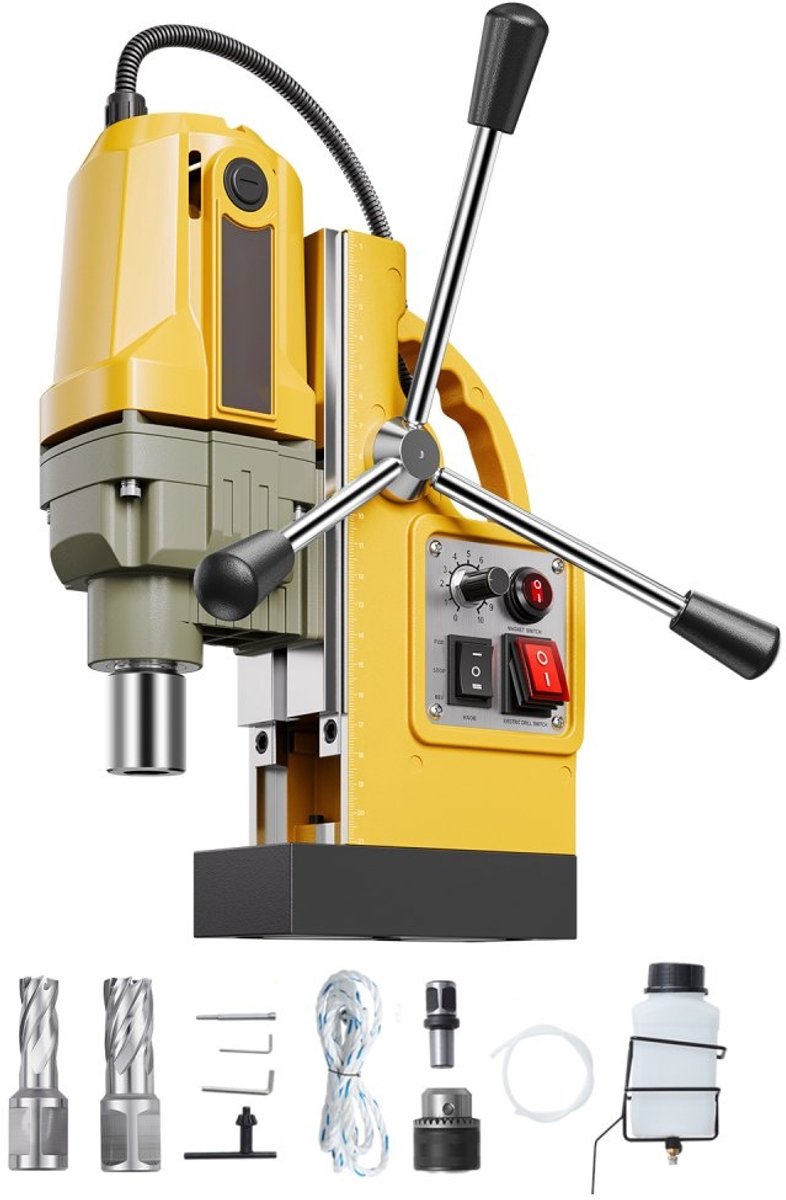 Magneetboormachine - Kernboormachine - Vermogen 1200W - Boorcapaciteit 50 mm - Houdkracht 12.500 N - Toerental 850 rpm - Incl. 2 kernboren - Voor metaal - Geel