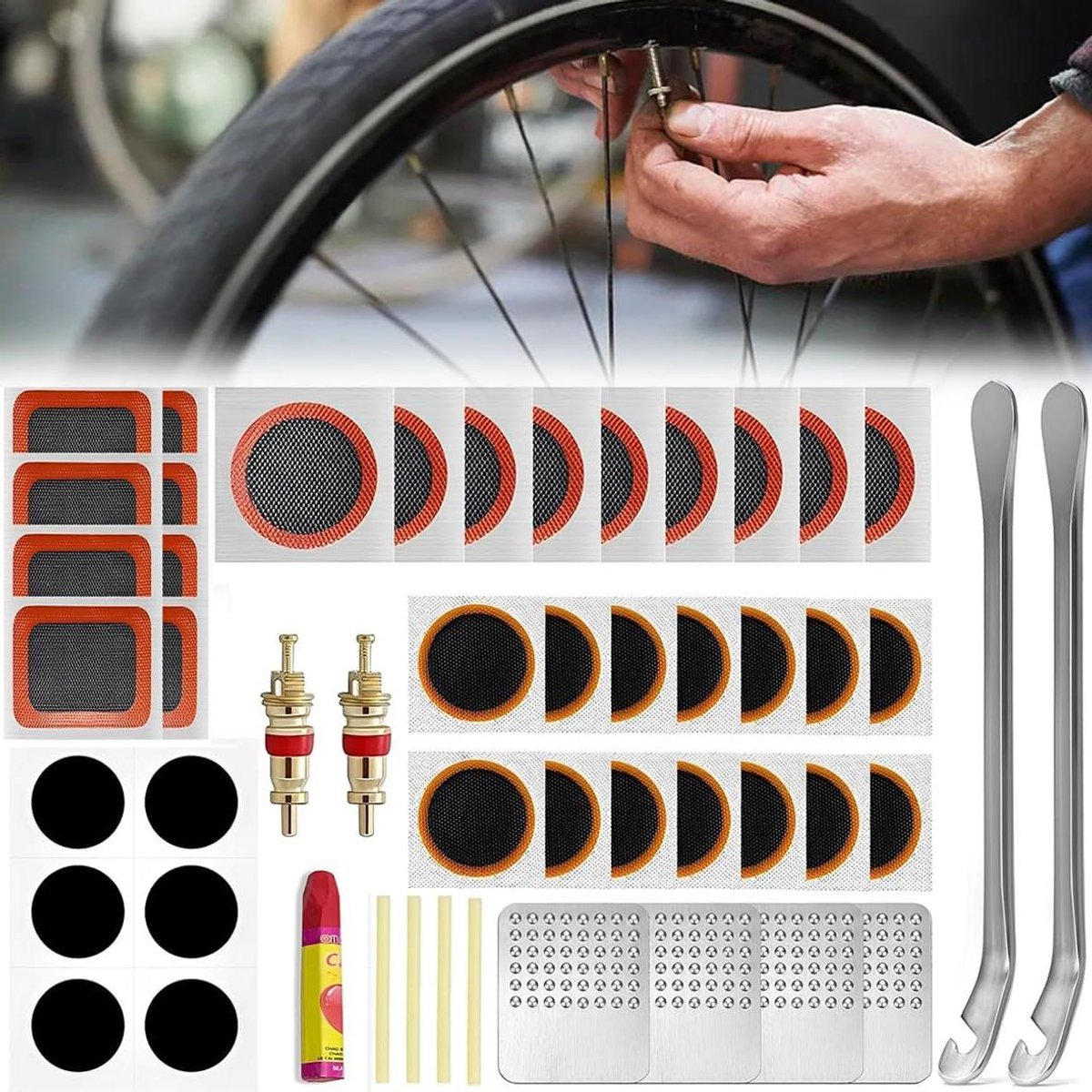 EGoods - Draagbare Fietsband Reparatie Kit met Fiets Patch en Lijm - Inclusief Reparatie Vloeistof, Piek Bar en Lucht Mondstuk