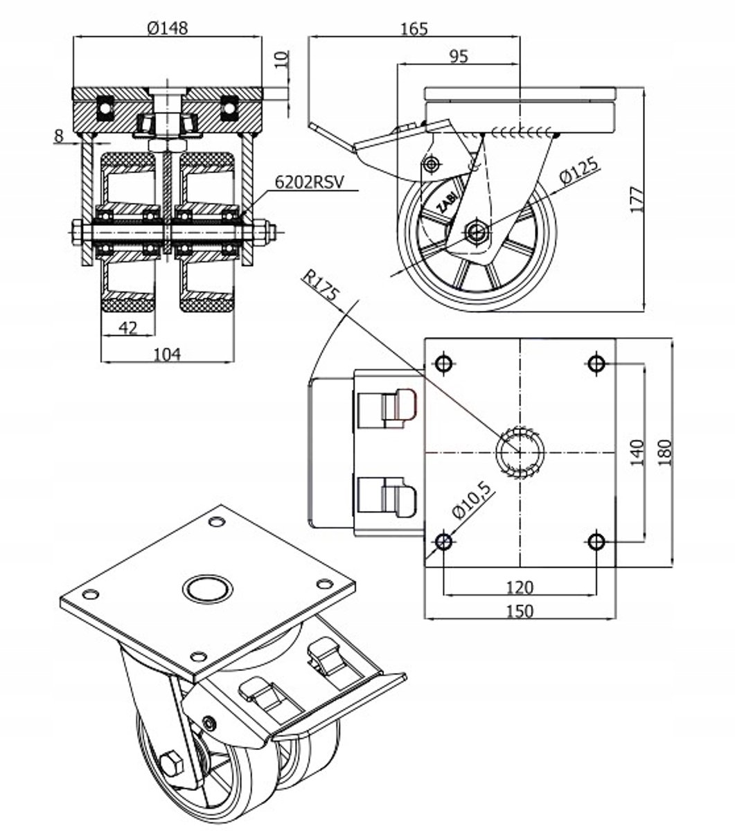 Aluminium-polyurethaan wiel 125mm met rem, tandem, 600kg