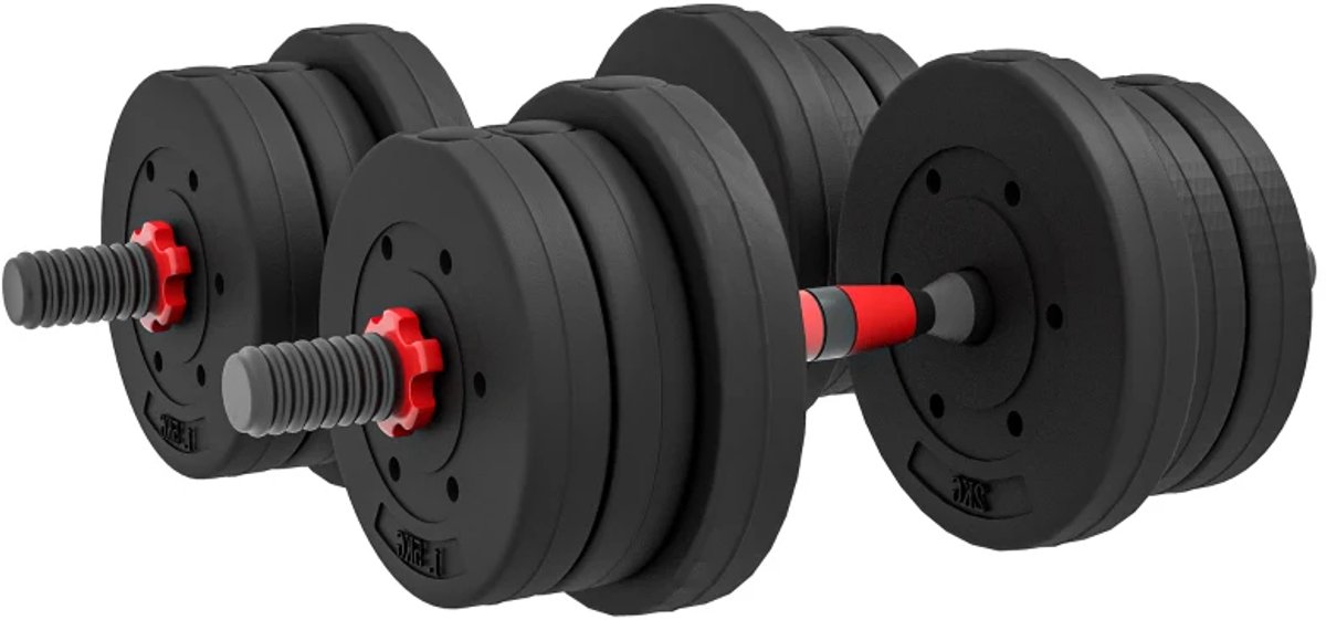 2-in-1 Halterset - Verstelbaar Halter & Halterstang - 20 KG - 4 x 2 kg, 4 x 1,5 kg, 4 x 1,25 kg Schijven - Antislip Dumbbell - Vloervriendelijk - Thuisgym Oplossing - Krachttraining - Zwart/Rood