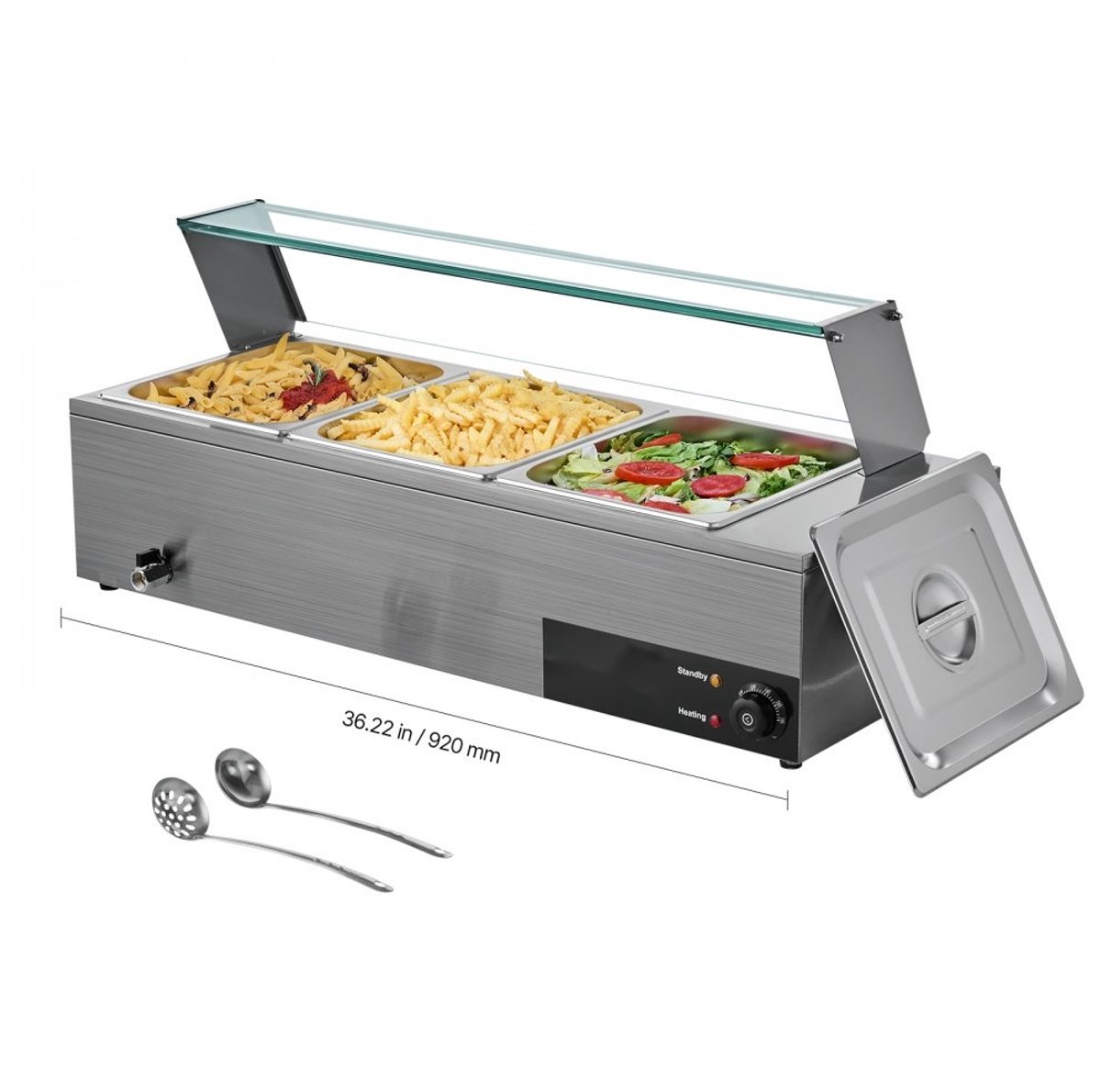 Voedselverwarmer - Bain-Marie/Chafing Dish - 3x GN 1/2 Bakken - 1,5 kW - Elektrisch - RVS - Glazen Deksel - Met Soeplepel