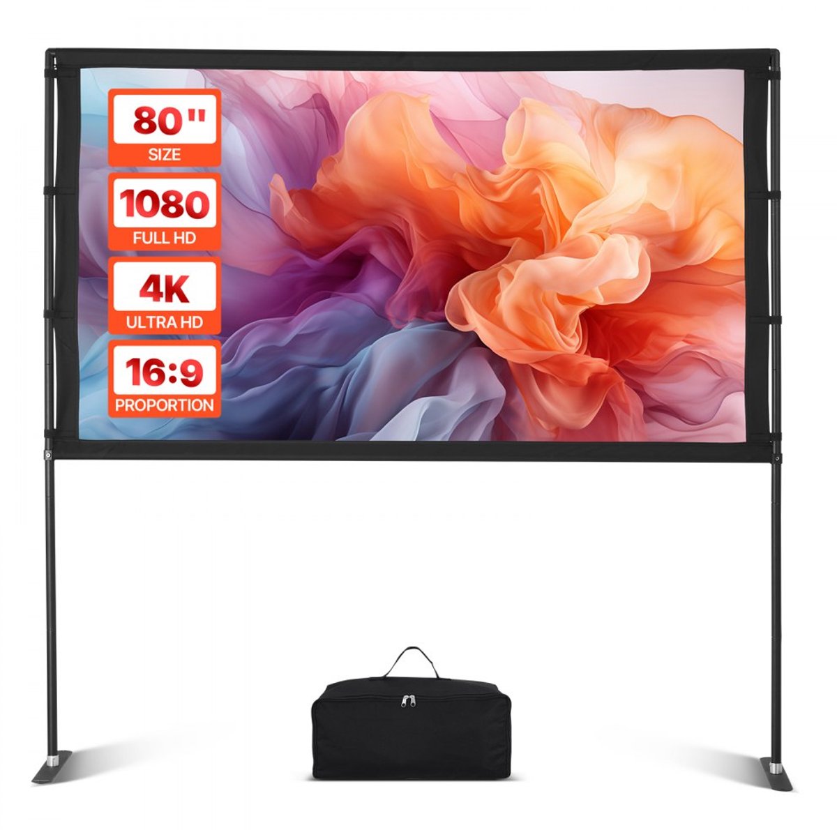 Projectiescherm - Beamerscherm met standaard - 203 cm diagonaal (16:9) - 4K UHD - 160° kijkhoek - Draagbaar met draagtas - Voor binnen en buiten