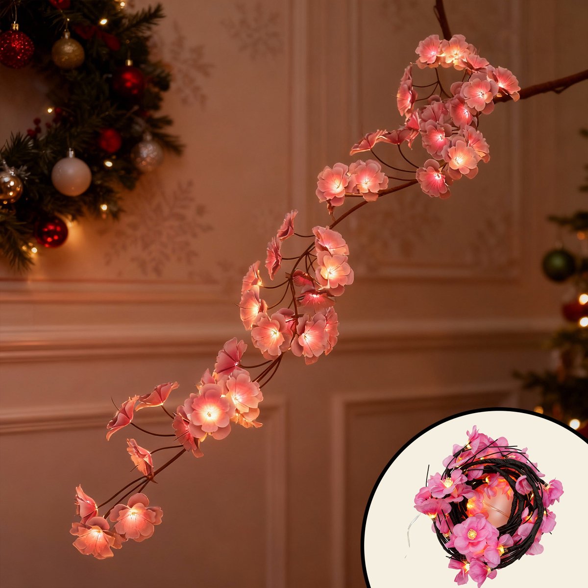 Soontrans Kersenbloesem-Lichtslinger Willow Vine 1,8 m 48 LED's, Afstandsbediening Met 8 Standen, Buigzame Wilgentakken Met Pruimenbloesems Voor Wanddecoratie, Wanddecoratie Voor Slaapkamer en Kerstversiering