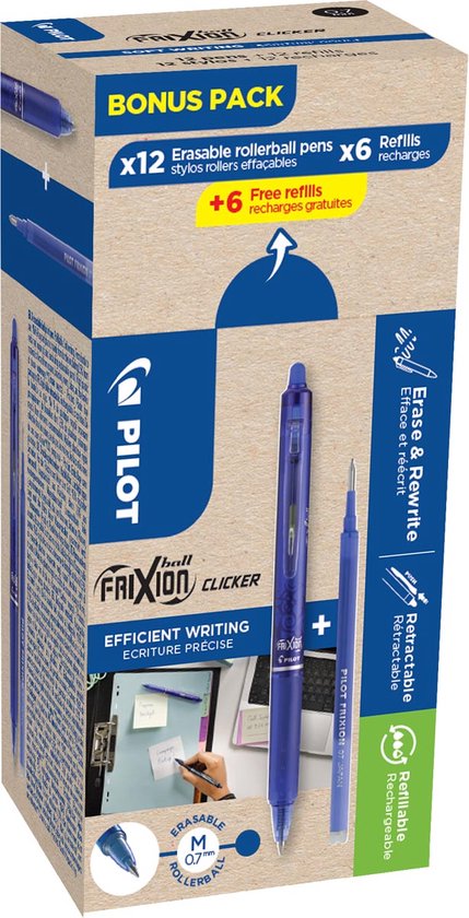 Pilot Frixion Ball Clicker, 12 rouleaux et 6+6 recharges 0 mm, bleu