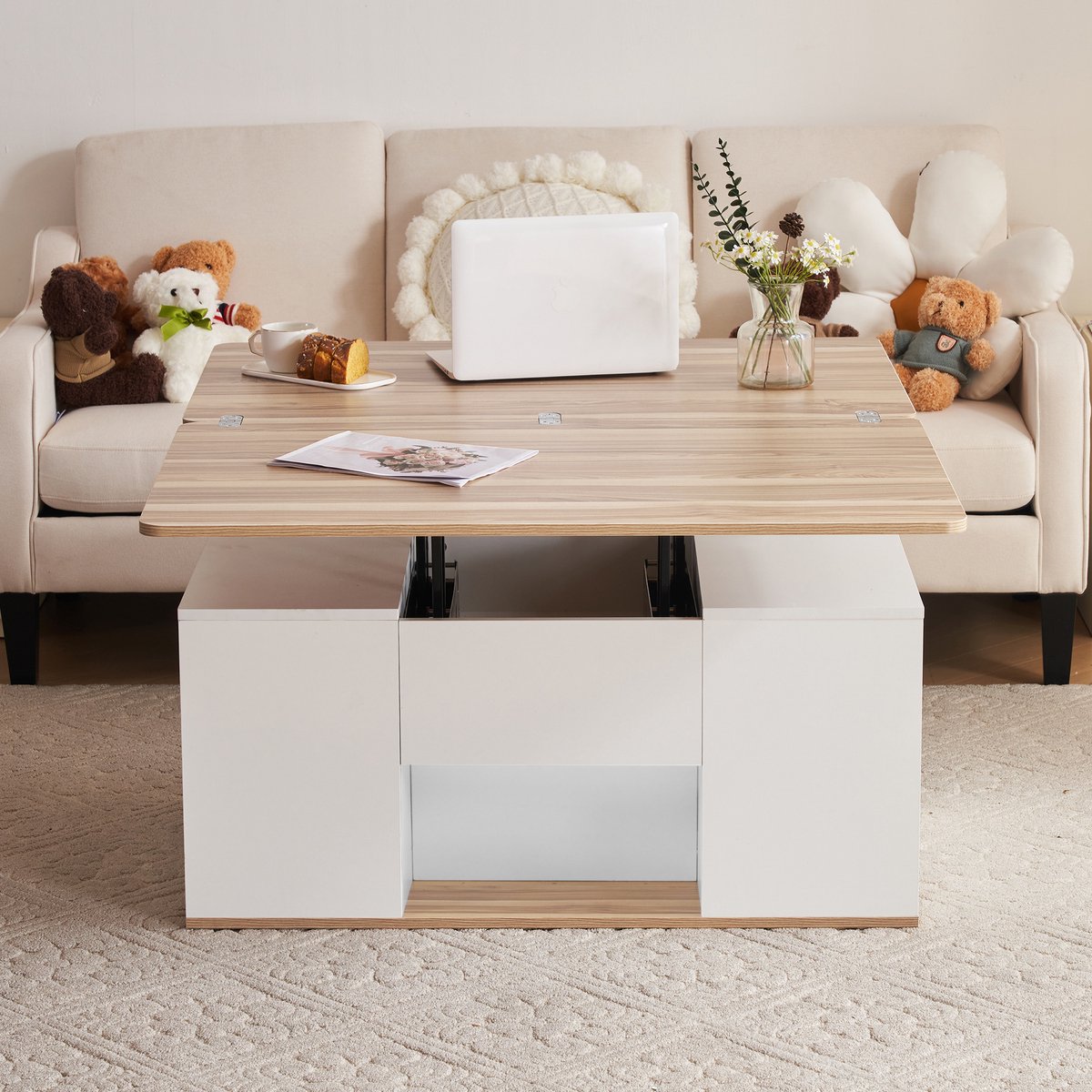 MODFU Verstelbare multifunctionele salontafel met uitschuifbaar tafelblad, ruime opbergruimte, moderne woonkamer tafel Wit