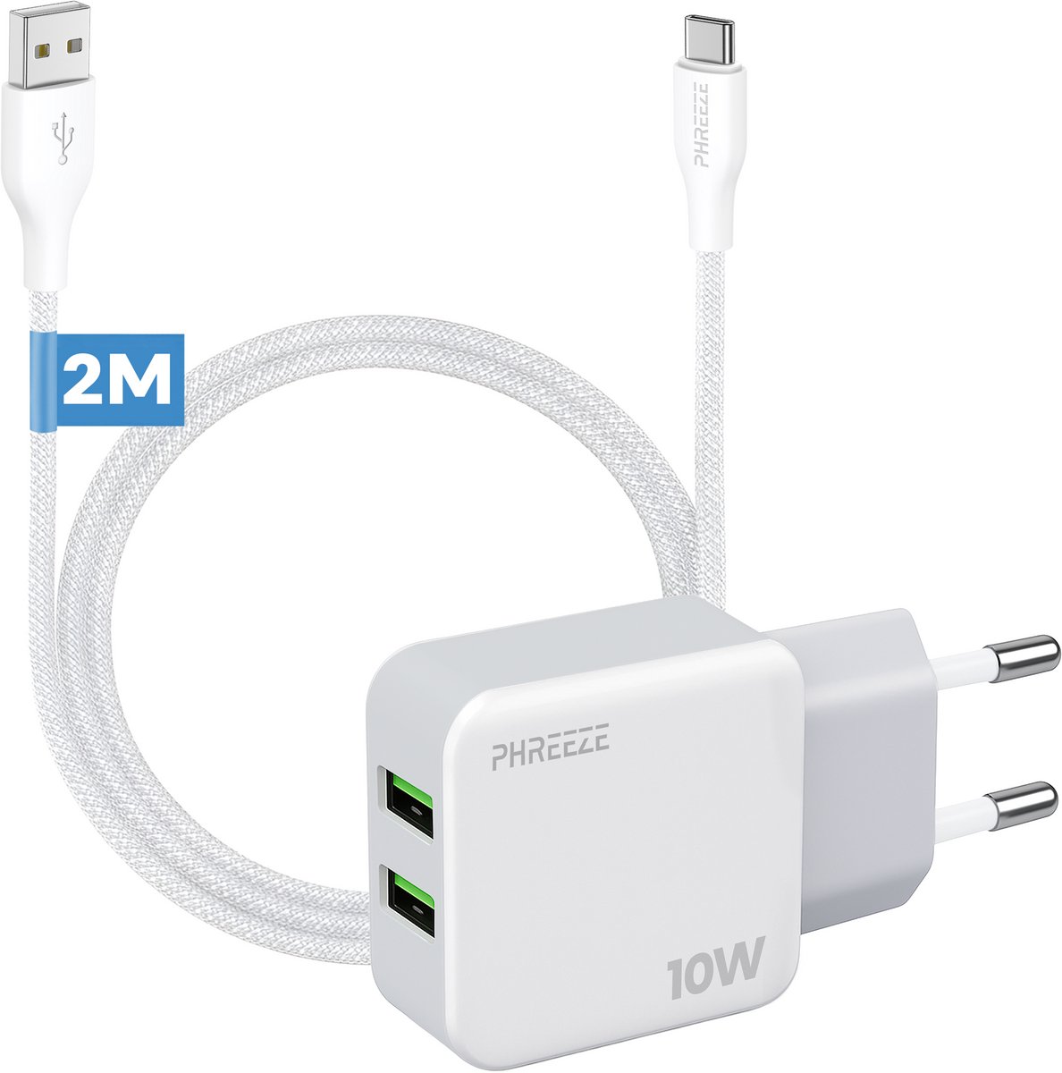 Dubbele usb stekker 10w - Usb naar usb c - Oplaadstekker met 2 usb poorten en usb oplaadkabel 2 meter - Oplader voor smartphone tablet headset speaker