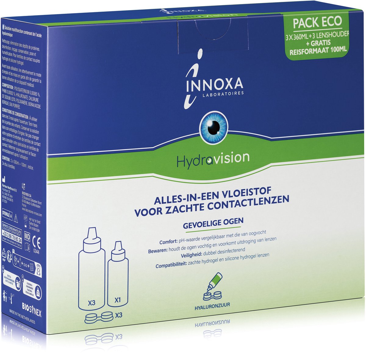 INNOXA Hydravision - Alles-in-één Lenzenvloeistof set - 3x360 ml + 100 ml Reisformaat - Voor zachte lenzen - Voor gevoelige ogen - Voordeelverpakking