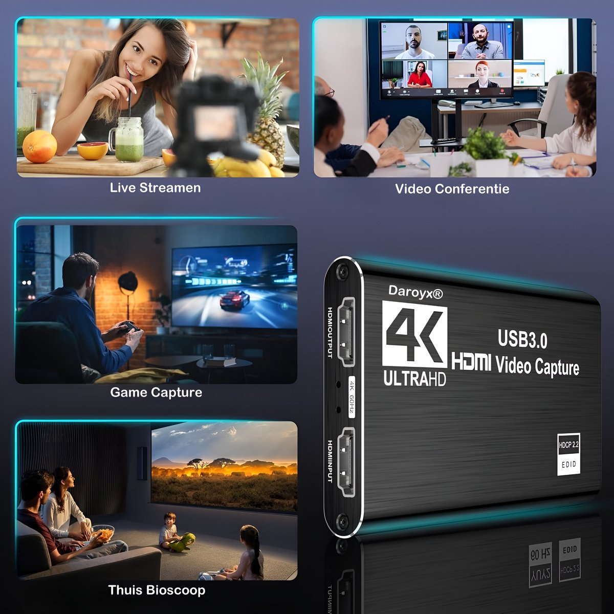 Daroyx® VCC4K Pro Video Capture Card - USB-A 3.0 - HDMI 4K@60Hz - Geschikt als Game Capture - Zilverkleurig thumbnail 7
