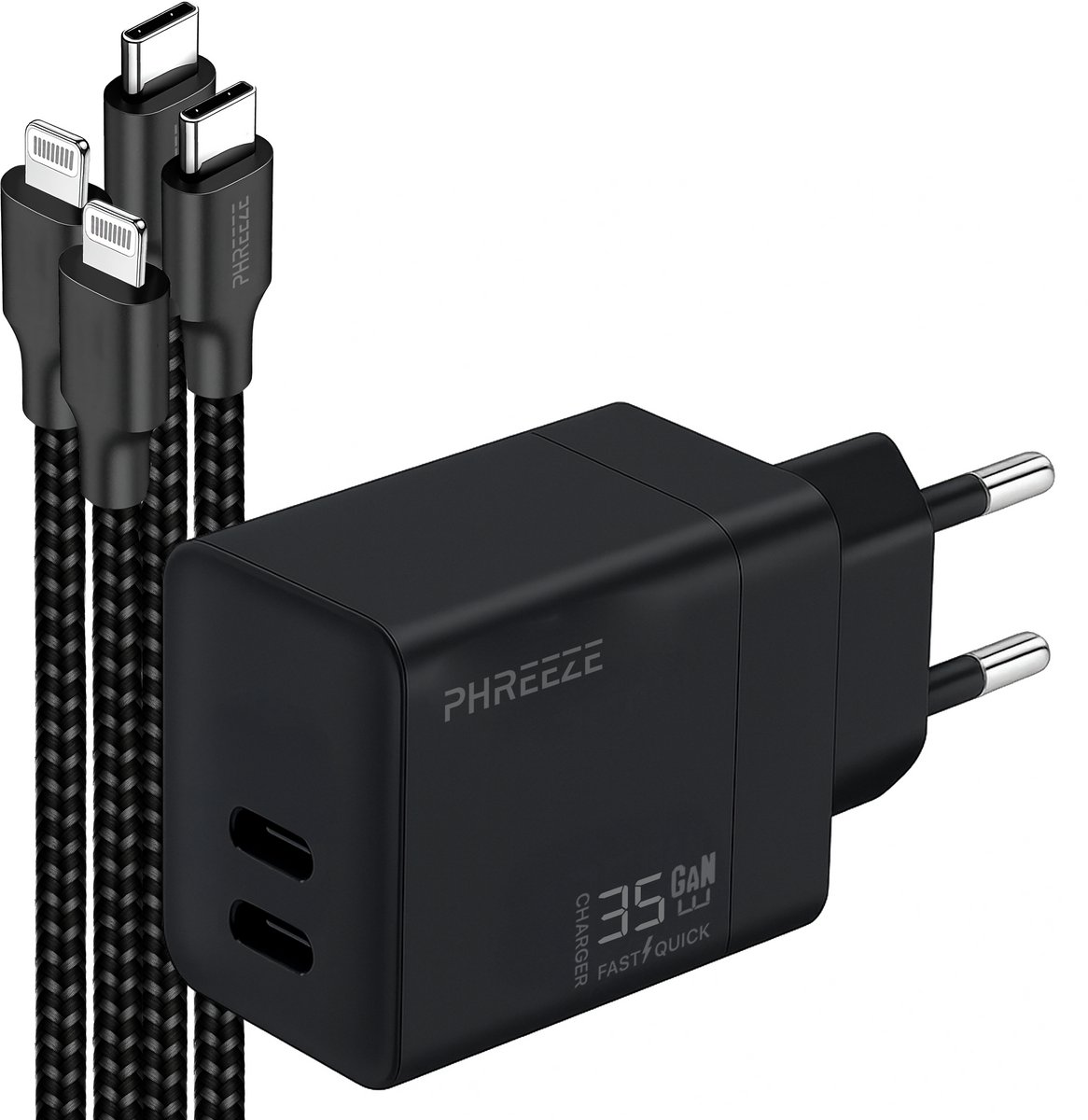 Phreeze usb C adapter 35 W - Dual port Power Delivery GaN oplader geschikt voor iPhone 14 13 12 11 en iPad - Met 2 usb C naar Lightning kabels 1m