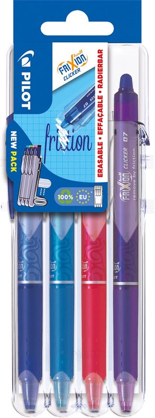 Pilot FriXion Ball Clicker rouleau rétractable 2 Go, pointe moyenne, 0, 7 mm, blister avec 4 pièces