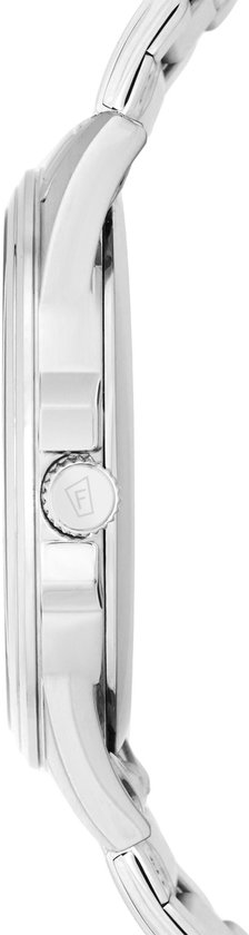 Profiel van Festina herenhorloge met zilverkleurige band en kroon met logo.