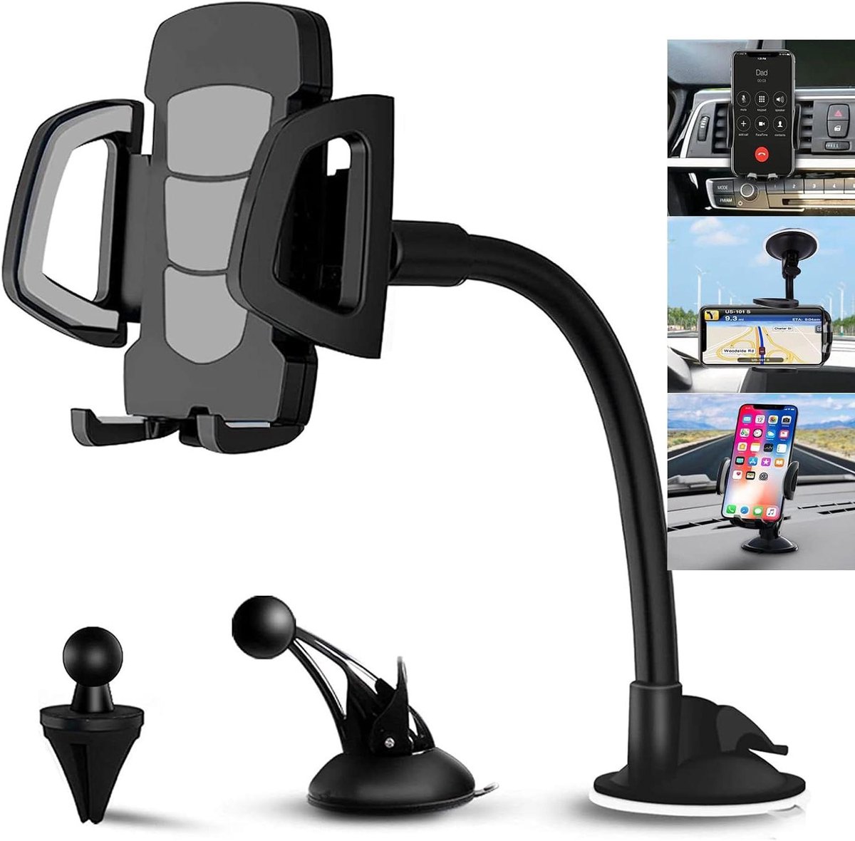 Provento - Universele telefoonhouder auto voor mobiele telefoon - 3-in-1 houder voor air vent, dashboard en voorruit - geschikt voor iPhone Xs Max, Samsung Galaxy en meer
