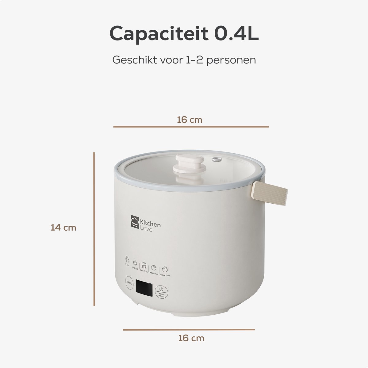KitchenLove Rijstkoker Klein 0,4L - Multicooker - Slowcooker - 1 tot 2 Personen - Créme Wit – foto 8