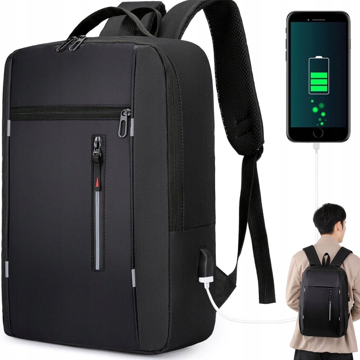 Merkloze zwarte laptoprugzak USB 15,6 inch slank waterdicht