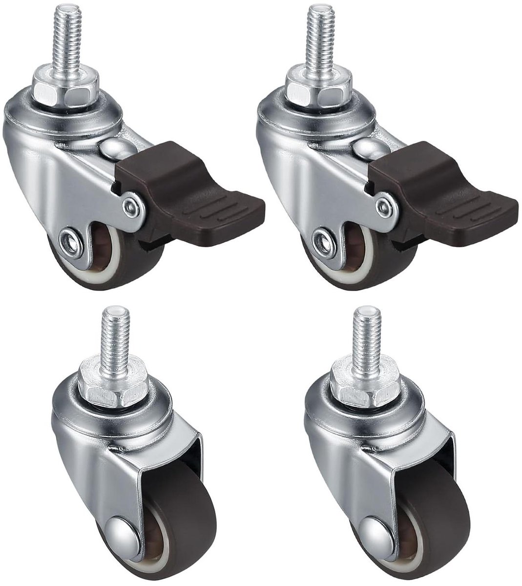 CSGoods - Meubelwielen 4 stuks M8 Klein Zwenkwielen met Rem 360 graden Stil Antislip Rubberen Wielen Schroefdraad Binnen Buiten Meubels 1,5 inches