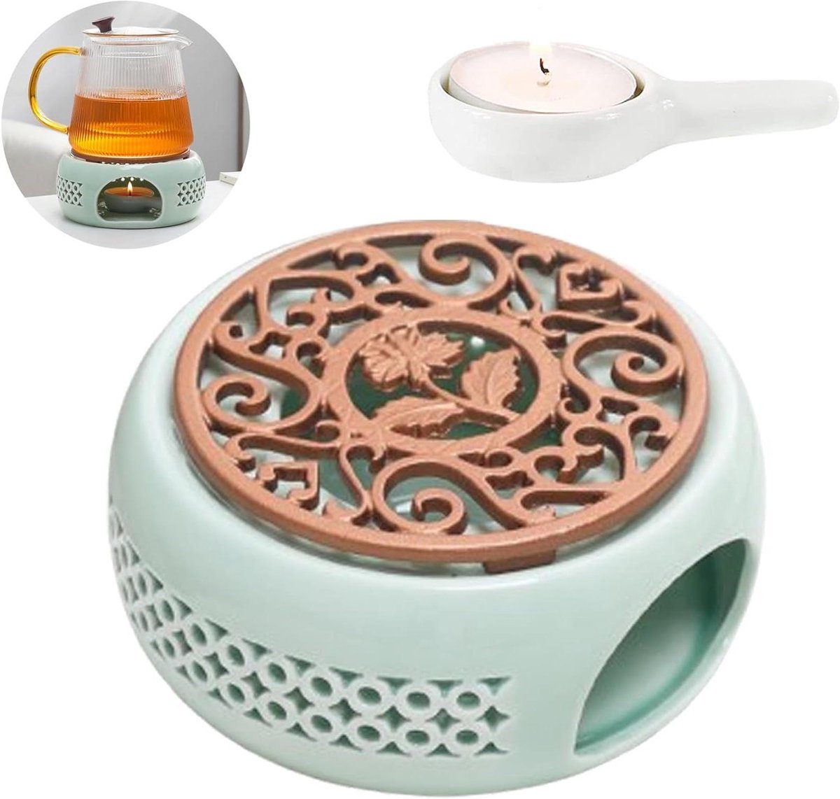 CSGoods - Keramisch Theepot Stoofje met Kaarsenhouder en Kookmat - Hol Gesneden Design - Koffiewarmer voor Thee en Koffie - Groen