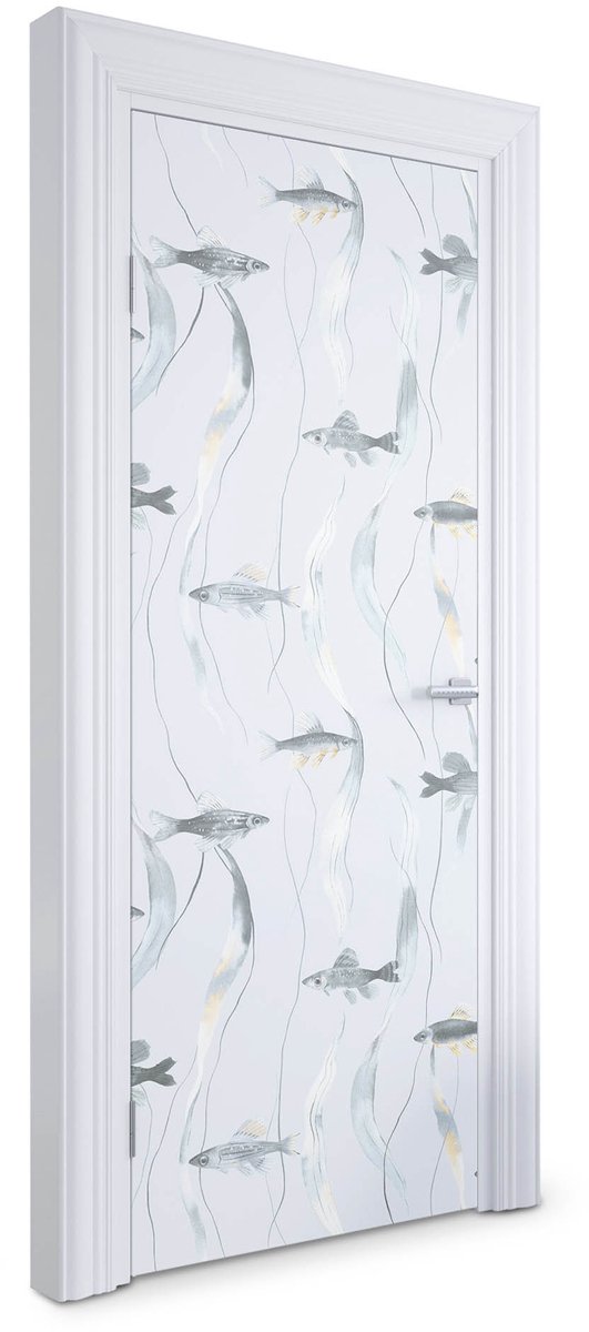 Wallfluent Deursticker - Vis en zeewier Deur Sticker - 75 x 205 cm - Lichtblauw Deurfolie - Moderne Deur Sticker - Dieren Deur plakfolie - Deursticker voor de Slaapkamer - Deurposter
