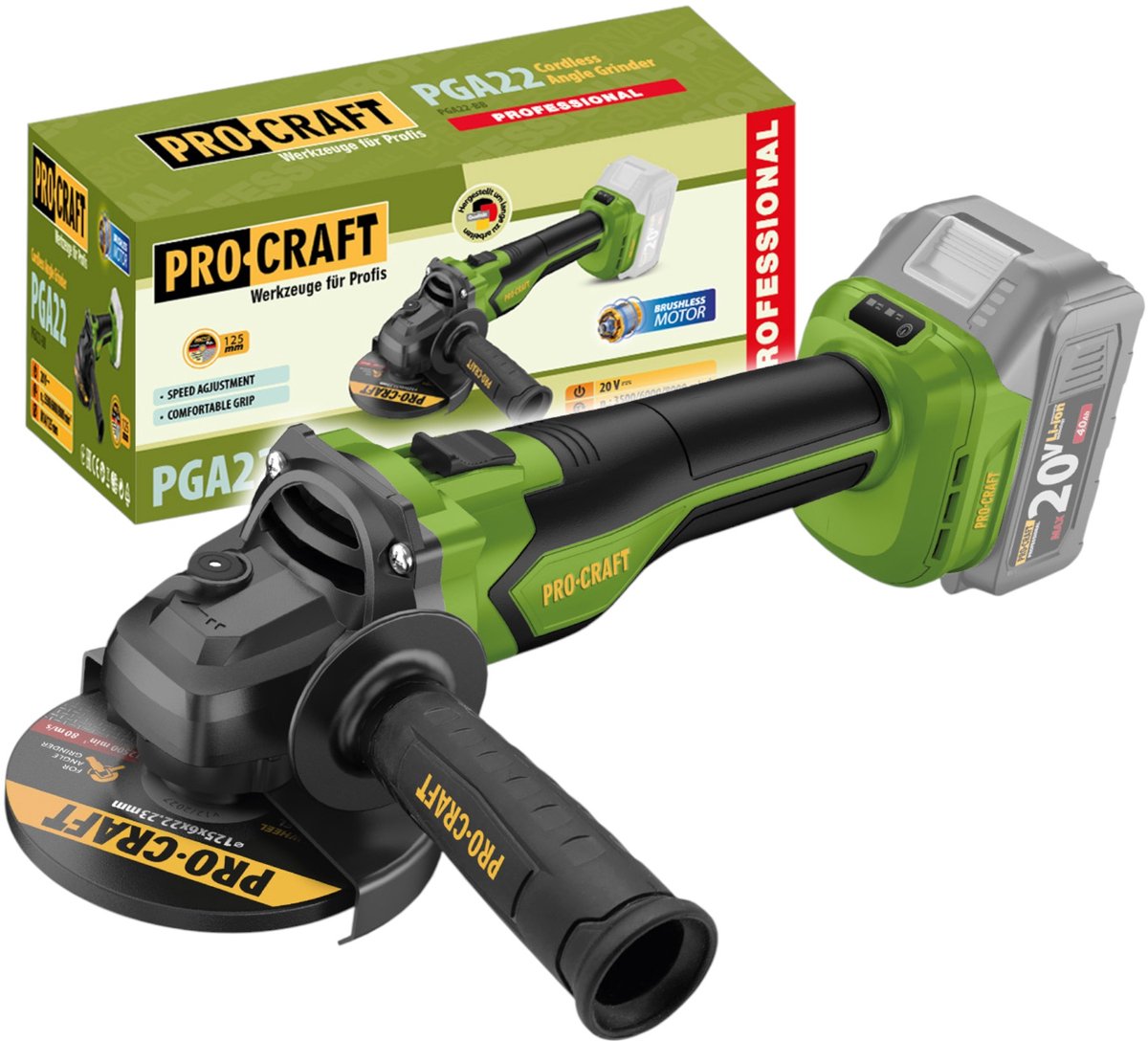 Procraft PGA22-BB accu-haakse slijper 20 V 125 mm borstelloos Solo - zonder accu, zonder oplader