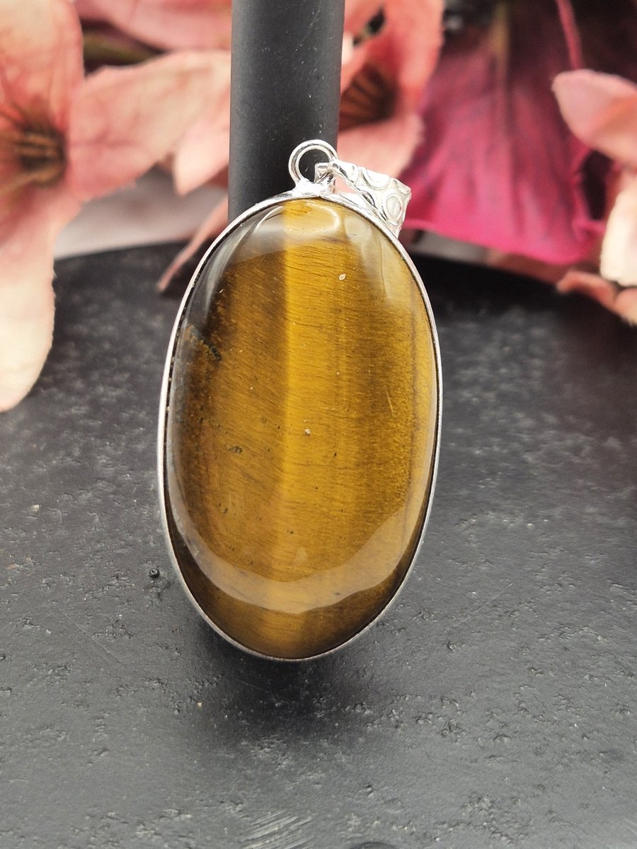 Edelsteen Tijgeroog hanger ingezet in 925 Sterling zilver