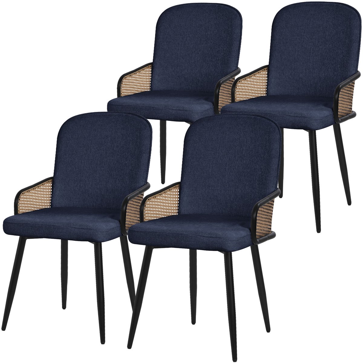 ml-design eetkamerstoelen set van 4 donkerblauw gestoffeerde keukenstoelen met armleuningen en rugleuning rotanlook comfortabele ergonomische stoffen eetkamer fauteuils met metalen poten luxe lounge accentstoelen voor eettafel en woonkamer