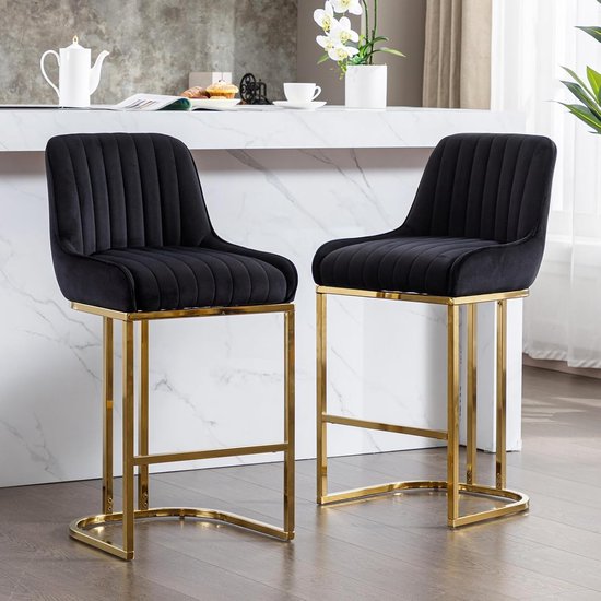 chairus Barkruk van fluweel, 2 stuks, met poten, gestoffeerd, voor keuken, woonkamer, beige-4