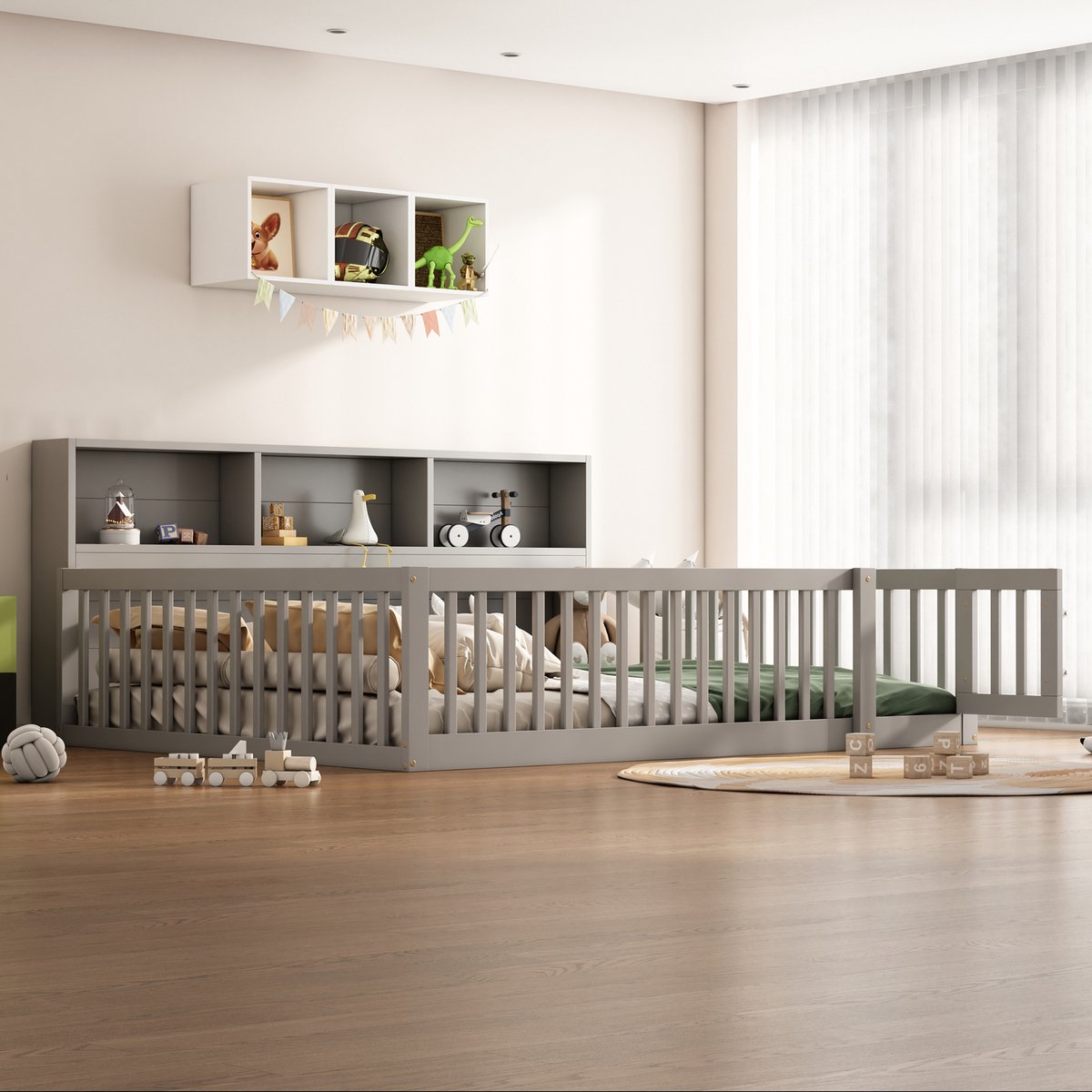 MODFU Bedframe 140x200 cm van massief hout en MDF, met opbergruimte en lattenbodem, veiligheidsreling, grijs