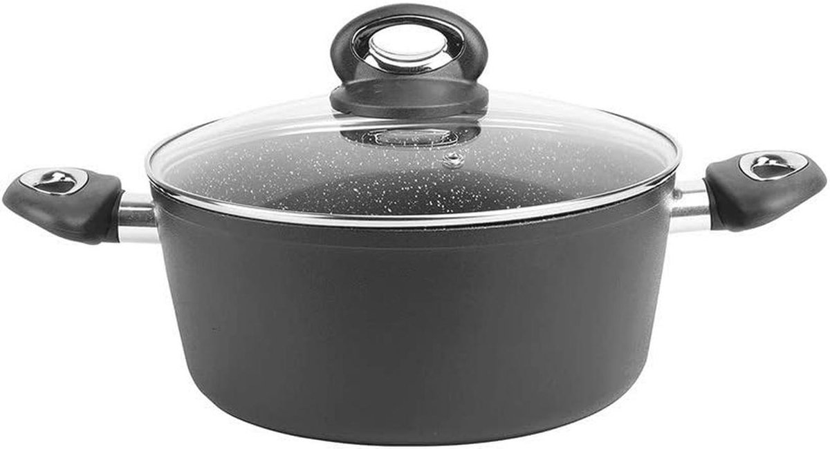 Anti-aanbak Kookpan Ø 24 cm - Gesmeed Aluminium met Steenlook en Glazen Deksel - Geschikt voor Alle Warmtebronnen inclusief Inductie