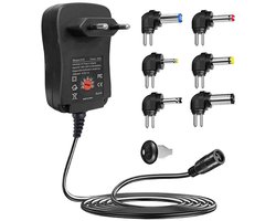 Verstelbare voedingsadapter - Universele AC-adapter met USB-voeding - 3V / 4,5V / 5V / 6V / 7,5V / 9V / 12V - 6 stekkers - Geschikt voor apparaten van 3V tot 12V - Oplader - Universele oplader - 30W