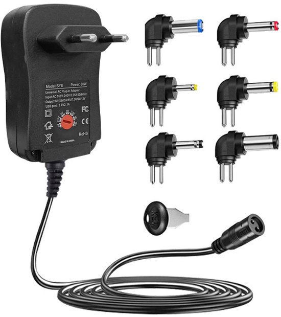 Adaptateur d'alimentation réglable - Adaptateur AC universel avec alimentation USB - 3V / 4,5V / 5V / 6V / 7,5V / 9V / 12V - 6 fiches - Convenant aux appareils de 3V à 12V - Chargeur - Chargeur universel - 30W
