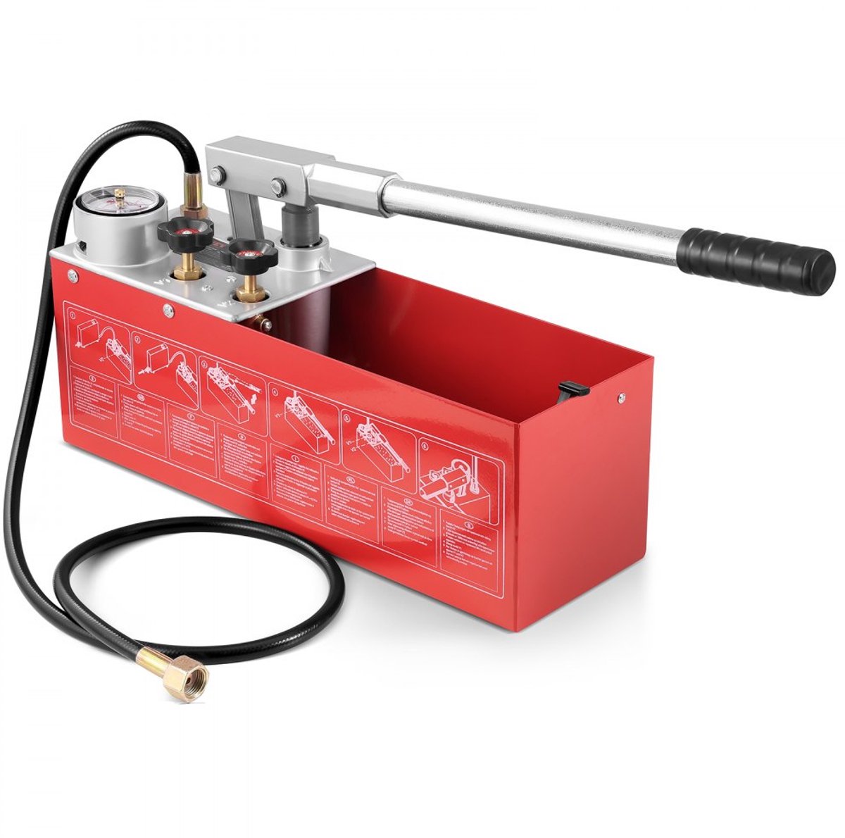 Druktestpomp - Handmatige hydraulische waterdruktester - Max. 25 bar - 10 L Watertank - Manometer - Dubbele klep - Slang 1,4 m met G1/2 buitendraad
