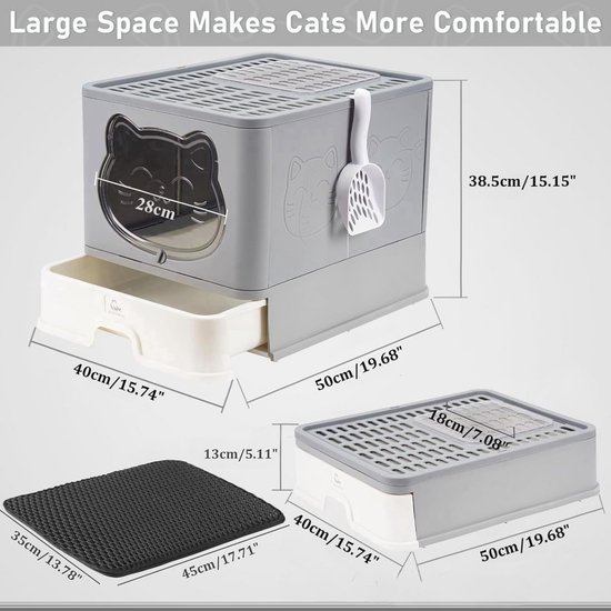 PawHut Kattenbak Met Deksel Inclusief Zandafvoerpedaal Vloerrooster En Schep Opvouwbaar Draagbaar 52x41x38cm Voor Katten Tot 5kg Aosomnl